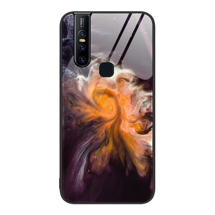 Protective phone case with orange, purple, and black marble swirl pattern and camera cutout