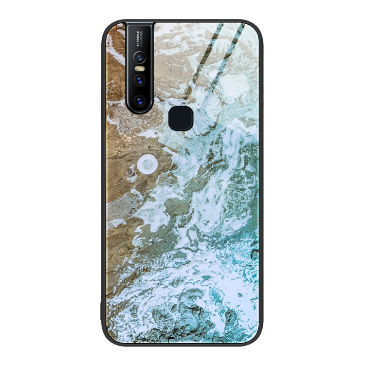 Protective phone case with beige, white, and green marble texture and camera cutout