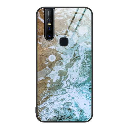 Protective phone case with beige, white, and green marble texture and camera cutout
