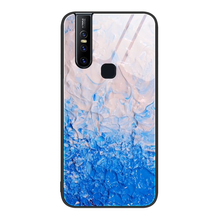 Protective phone case with blue gradient marble splash pattern and camera cutout