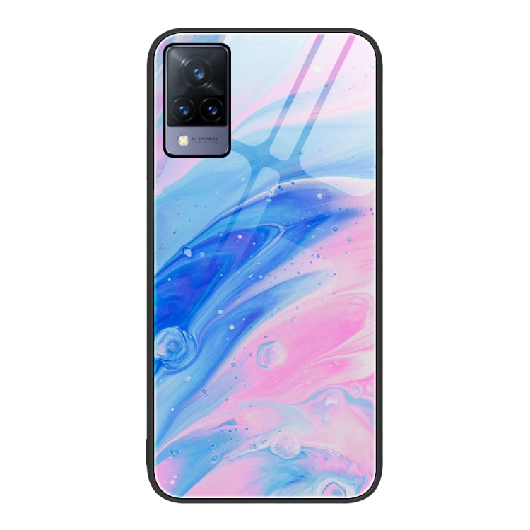 Glass protective phone case with pink-blue marbled swirl pattern and camera cutouts