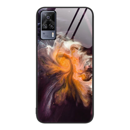 Glass protective phone case with purple and orange abstract flame design and camera cutouts