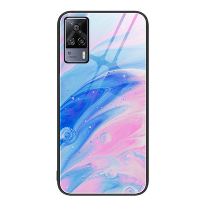 Glass protective phone case with pink and blue marbled swirl pattern and camera cutouts