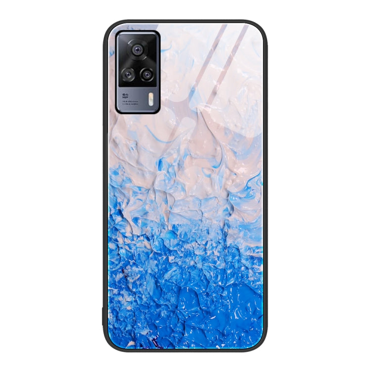 Blue marble glass protective phone case, back view with camera cutouts