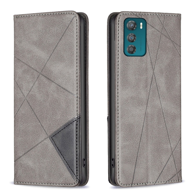 Grey magnetic wallet phone case with geometric pattern, front cover and back camera cutout
