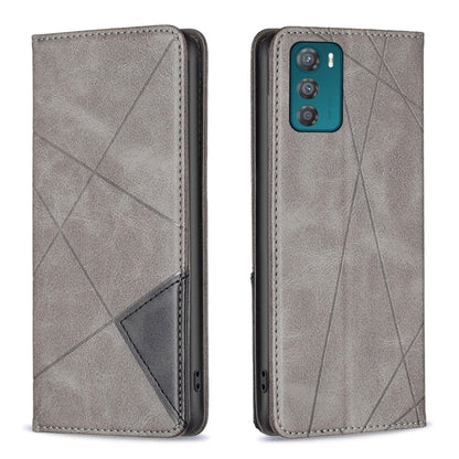 Grey magnetic wallet phone case with geometric pattern, front cover and back camera cutout