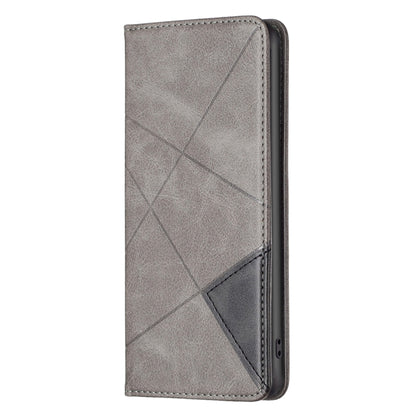 Grey magnetic wallet phone case with geometric pattern, side profile and stitched edges