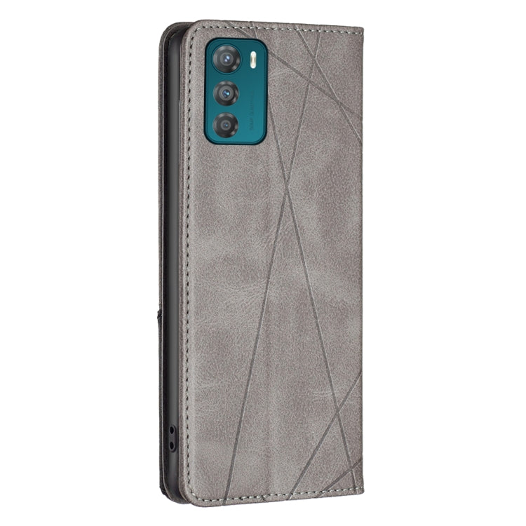 Grey magnetic wallet phone case with geometric pattern, phone back cutout and camera area