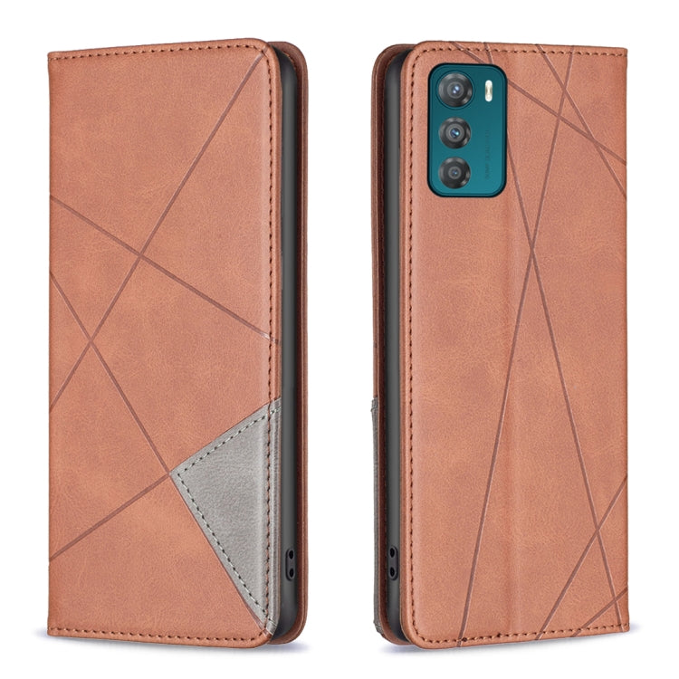 Brown leather folio phone case with geometric pattern and gray inner card panel