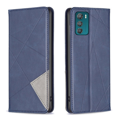 Blue prismatic leather phone case with magnetic flap, geometric texture, and camera cutout