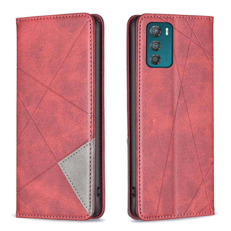 Red prismatic leather phone case with magnetic flap, geometric texture, and camera cutout