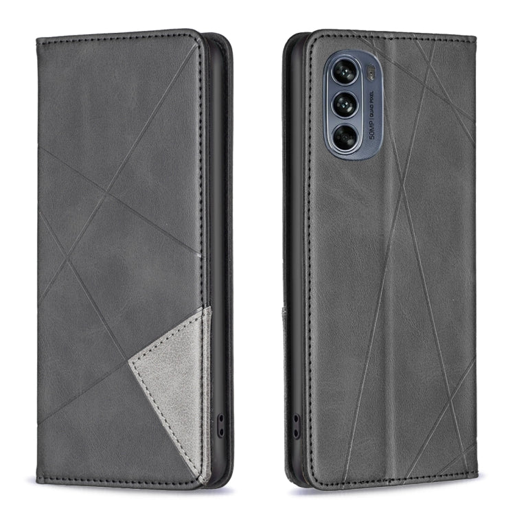 Grey magnetic wallet phone case with geometric pattern, front flap and rear camera cutout