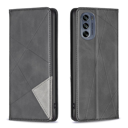 Grey magnetic wallet phone case with geometric pattern, front flap and rear camera cutout