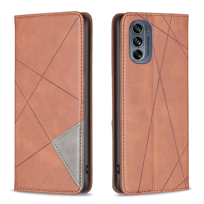 Brown leather folio phone case with geometric lines and camera opening; gray inner panel