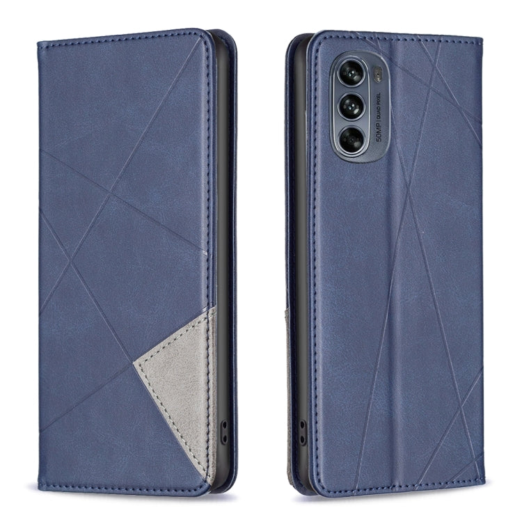 Blue prismatic leather phone case with magnetic closure, geometric pattern, camera cutout