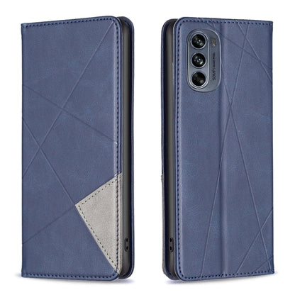 Blue prismatic leather phone case with magnetic closure, geometric pattern, camera cutout