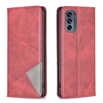 Red prismatic leather phone case with magnetic closure, geometric pattern, and camera cutout