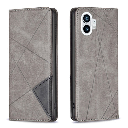 Grey magnetic wallet phone case with geometric pattern, smooth back fit and camera cutout