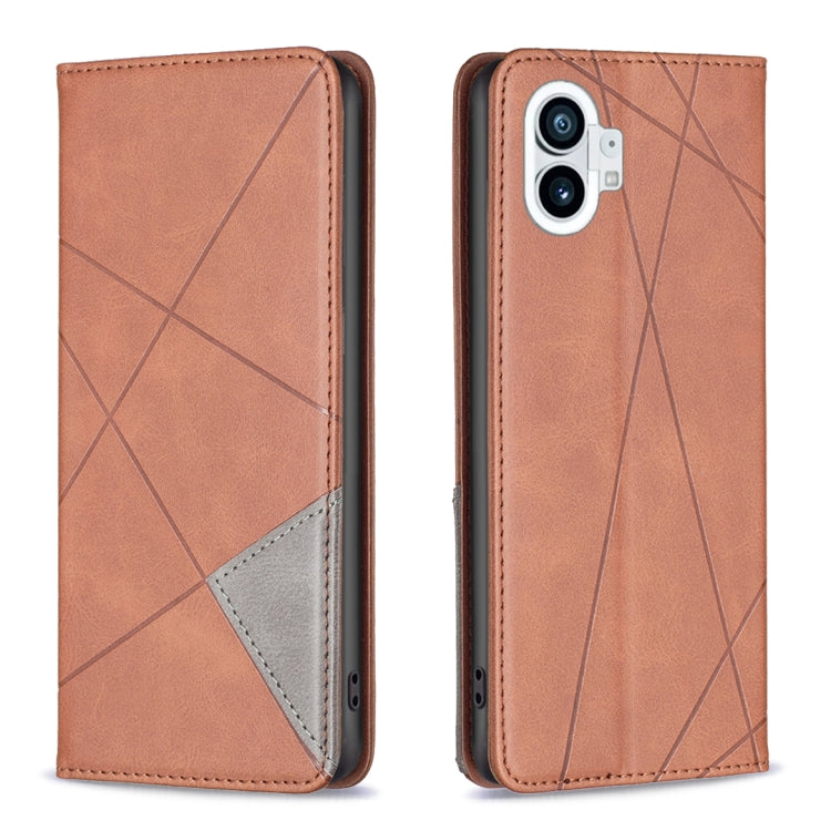 Brown leather folio phone case with geometric pattern and gray inner card panel