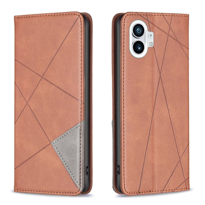 Brown leather folio phone case with geometric pattern and gray inner card panel