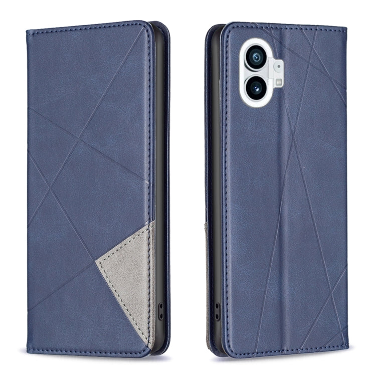 Blue prismatic leather phone case with magnetic flap, geometric texture, and dual camera cutout