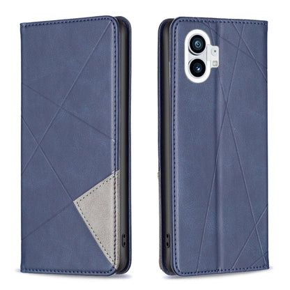 Blue prismatic leather phone case with magnetic flap, geometric texture, and dual camera cutout