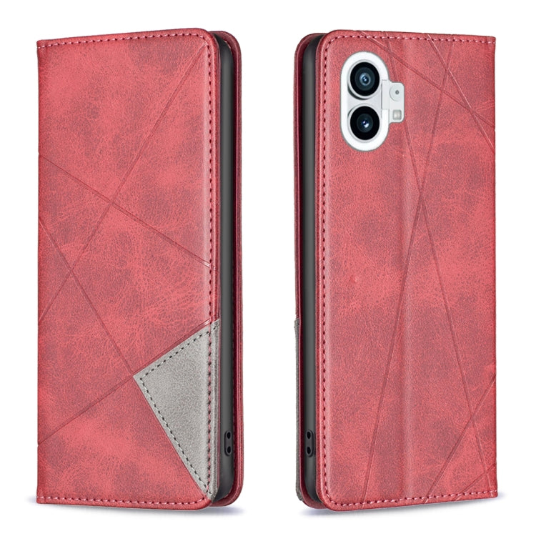 Red prismatic leather phone case with magnetic flap, geometric texture, and dual camera cutout