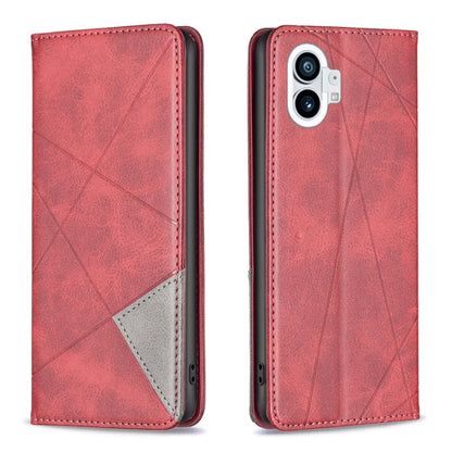 Red prismatic leather phone case with magnetic flap, geometric texture, and dual camera cutout