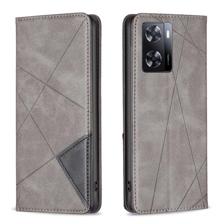 Grey magnetic wallet phone case with geometric pattern, protective rear cover for camera