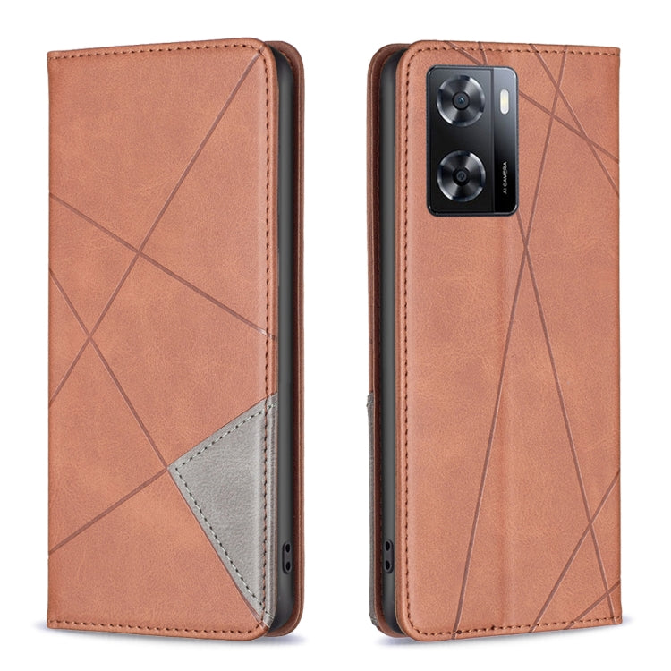 Brown leather folio phone case with geometric design and gray inner card panel