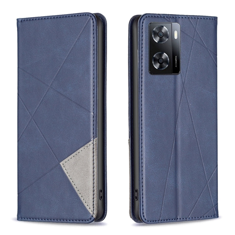 Blue prismatic leather phone case with magnetic flap, geometric pattern, and camera window