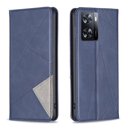 Blue prismatic leather phone case with magnetic flap, geometric pattern, and camera window