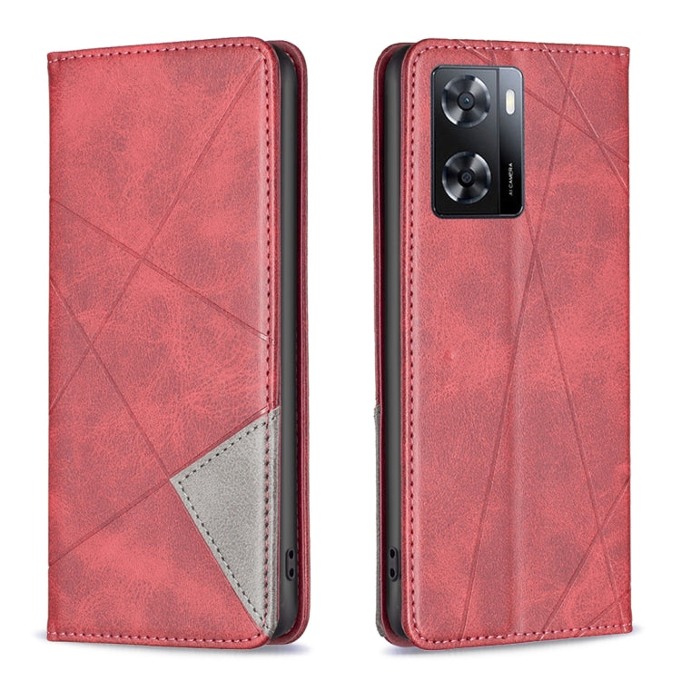 Red prismatic leather phone case with magnetic flap, geometric pattern, and camera window