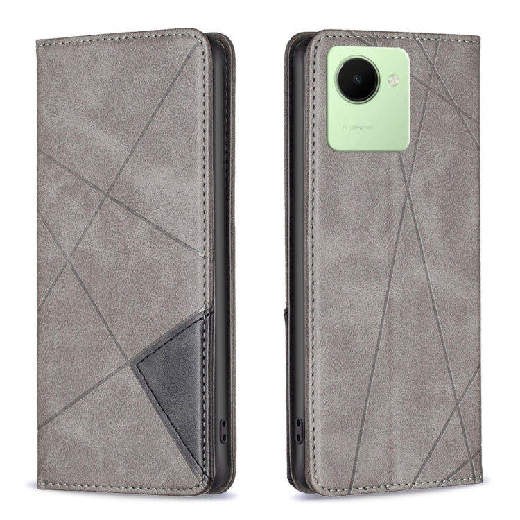 Grey magnetic wallet phone case with geometric pattern, snug fit around camera module