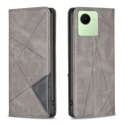 Grey magnetic wallet phone case with geometric pattern, snug fit around camera module