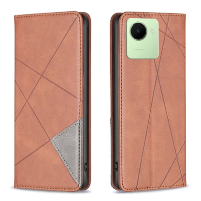 Brown leather folio phone case with geometric lines and gray inner card panel