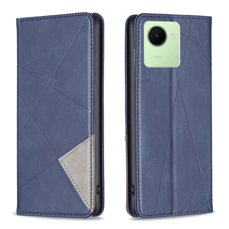 Blue prismatic leather phone case with magnetic flap, geometric texture, and camera cutout