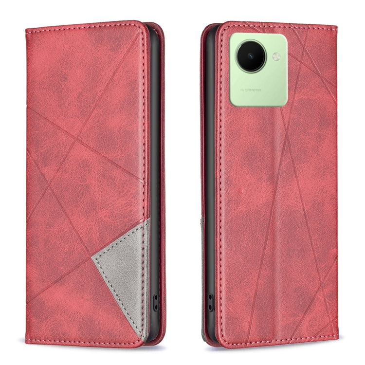 Red prismatic leather phone case with magnetic flap, geometric texture, and camera cutout