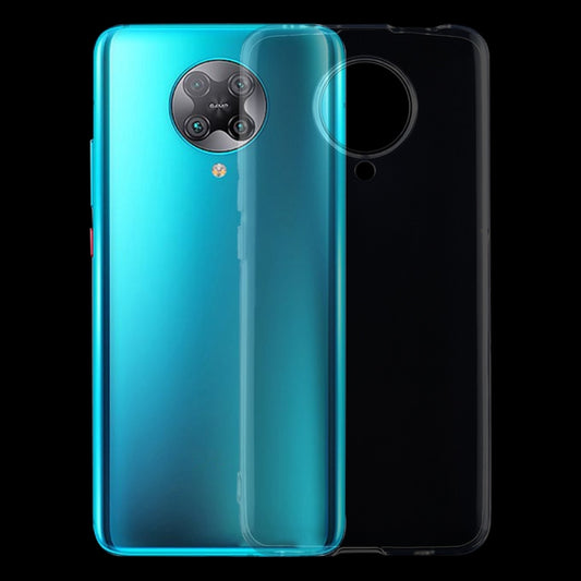 Transparent TPU phone case for Xiaomi Redmi K30 Pro; teal back and camera cutout visible.