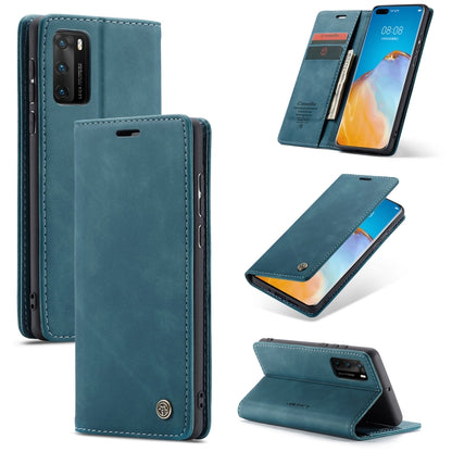 Blue leather flip phone case with card slot and wallet, open and standing views