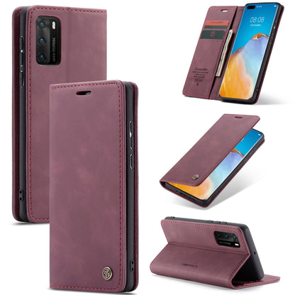 Wine red leather flip phone case with card slot, wallet and stand, front and back views