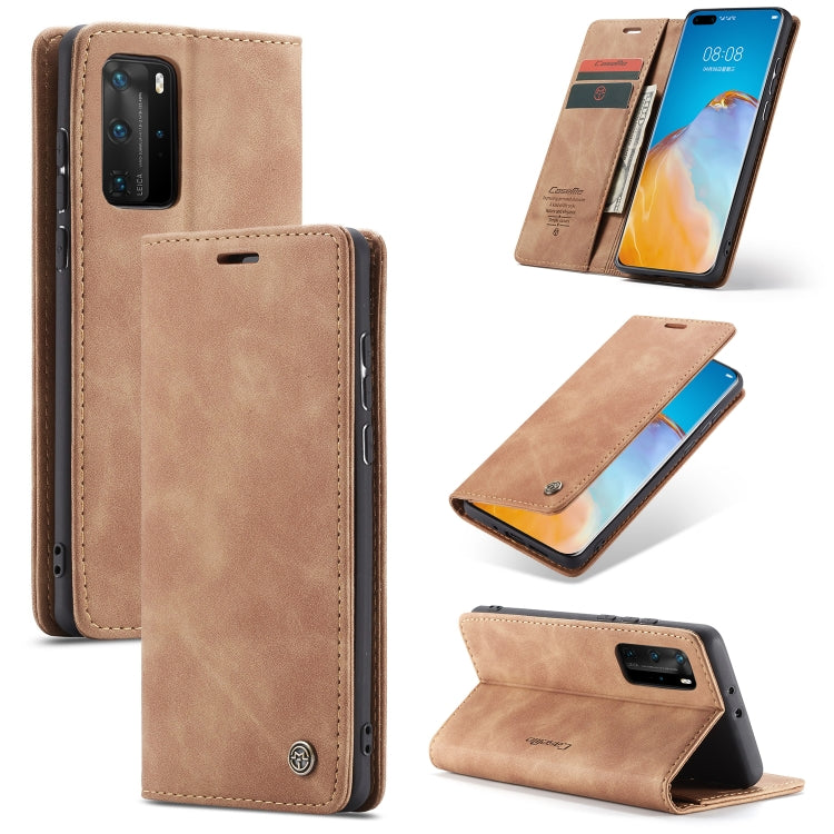Brown leather flip phone case with card slot, wallet, and stand view for Huawei P40 series
