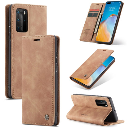 Brown leather flip phone case with card slot, wallet, and stand view for Huawei P40 series