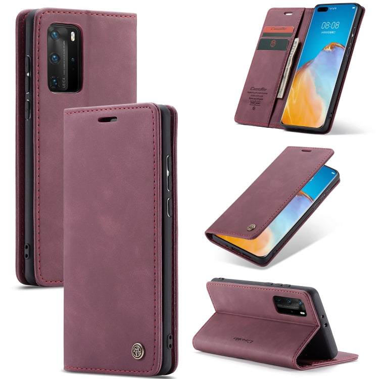 Wine red leather flip phone case with card slot and wallet, open flap and standing view