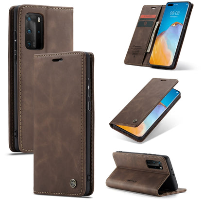 Coffee brown leather flip phone case with card slot and wallet, standing and closed views
