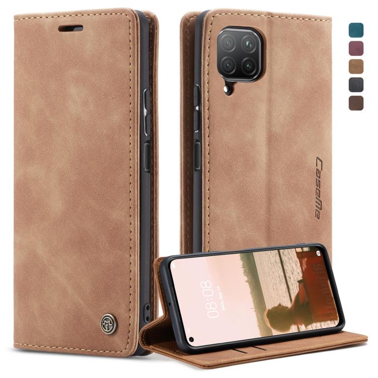 Brown leather flip phone case with card slot, wallet window and kickstand, front and back