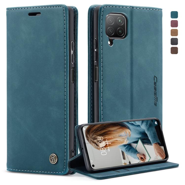 Blue leather flip phone case with card slot and wallet, back and standing front view