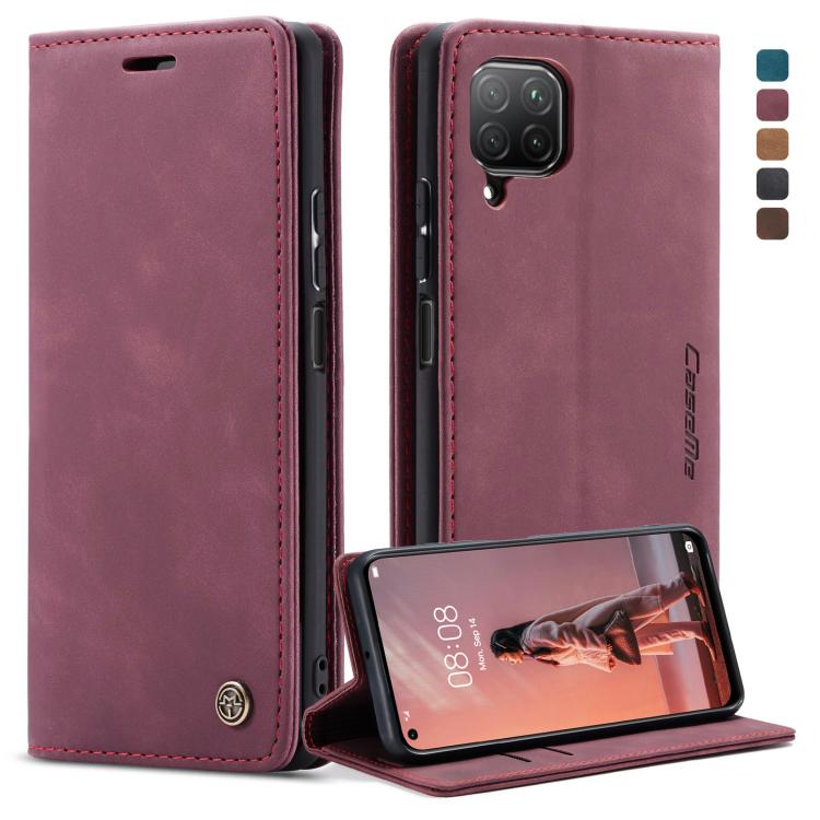Wine red leather flip phone case with card slot and wallet, close-up front and back
