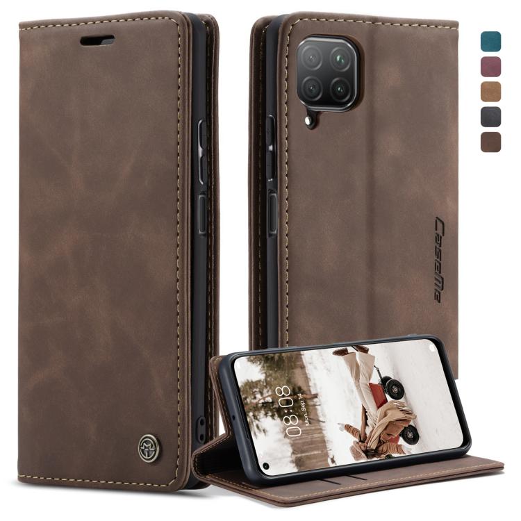 Brown leather wallet phone case with horizontal flip, card slot, and stand
