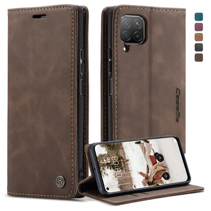 Brown leather wallet phone case with horizontal flip, card slot, and stand